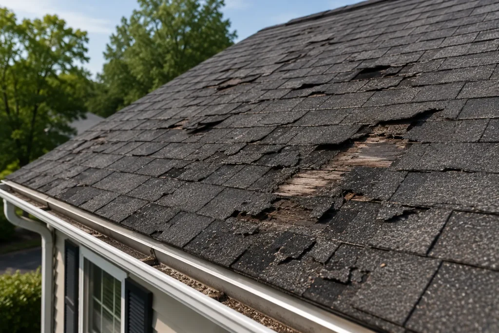 Damaged asphalt shingle roof showing signs of wear and deterioration in Canton MA