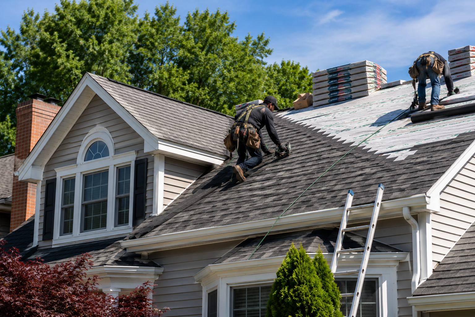 Professional roofing crew installing a new asphalt shingle roof on a home in Canton MA