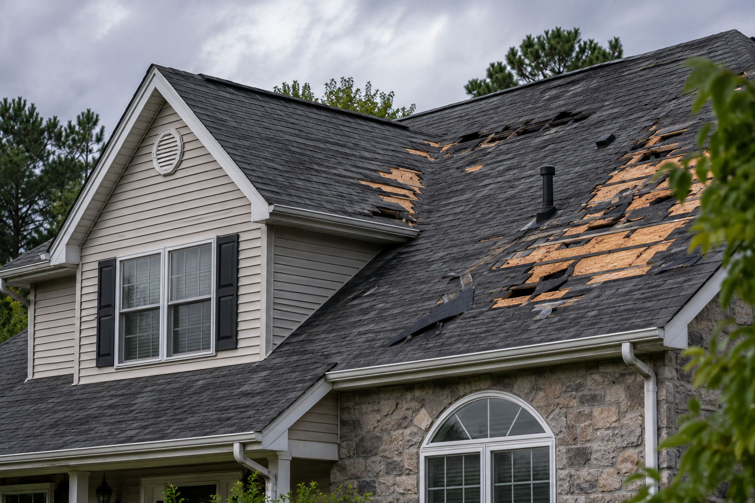 Storm damaged asphalt shingle roof on a home in Canton MA after high winds and severe weather